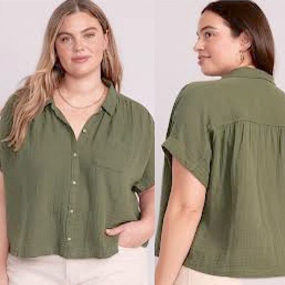 Old Navy Tops - Old navy sage  green muslin cotton button front Top blouse oversized cropped XL